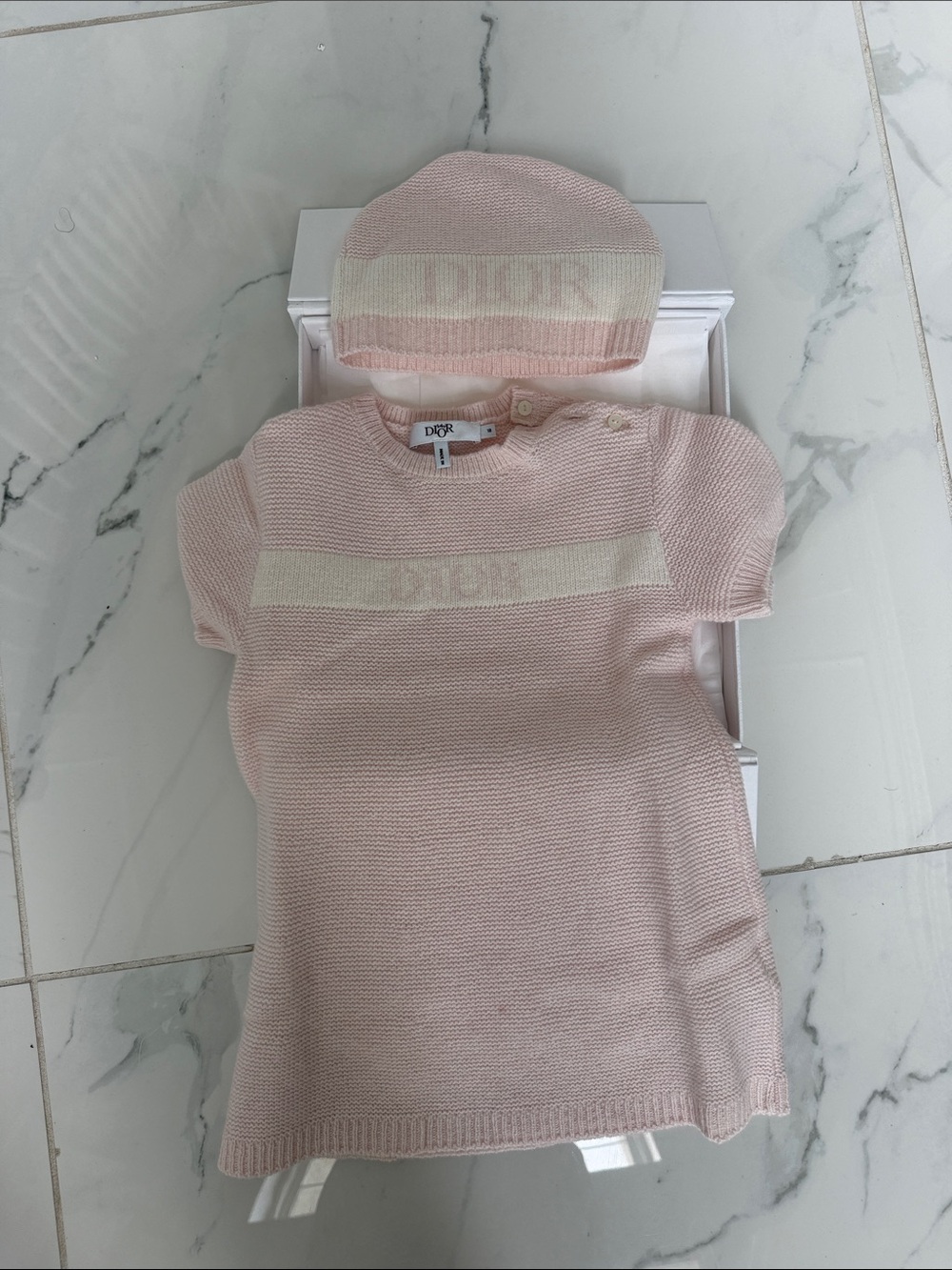 Baby Dior pink & ivory knit 2-piece set featuring the classic DIOR logo